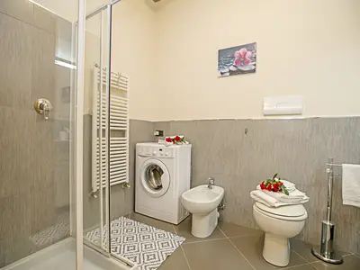 Das Badezimmer mit Dusche und Waschmaschine.