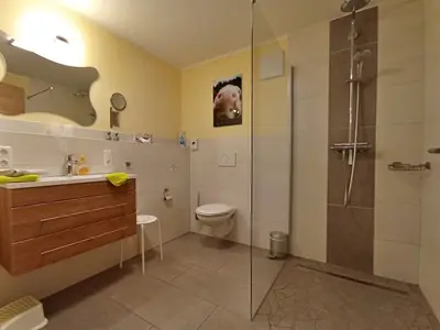 modernes Bad mit ebenerdiger Dusche