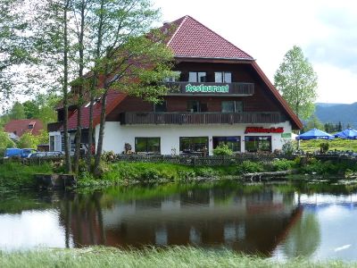 Aussenansicht im Sommer mit Mühlensee und Terasse