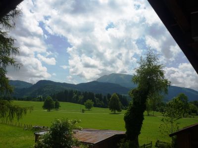 Ausblick auf Berge und Wiesen