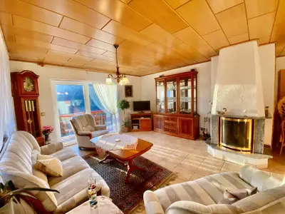 Wohnraum mit Kamin TV Bergblick