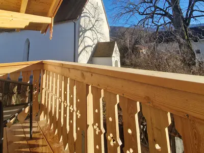 Bauernhofchalet Geigerhof Balkon mit Blick auf die Berge