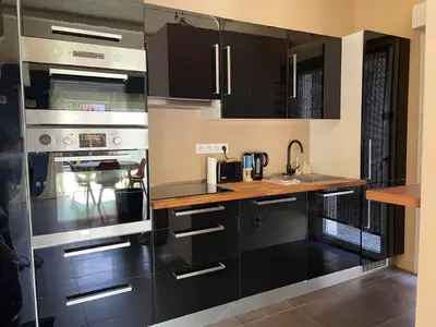 Küche mit 4 Induktionskochplatten, Backofen, Kühlschrank und Geschirrspüler