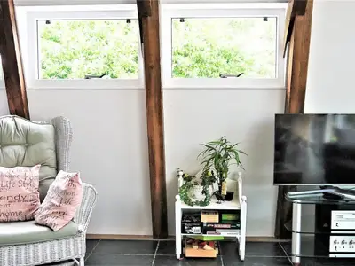 TV und Fauteuil im Wohnzimmer