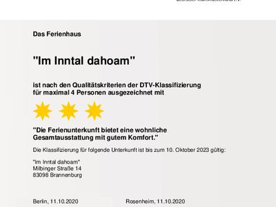 Klassifizierung des Ferienhauses "Im Inntal dahoam"