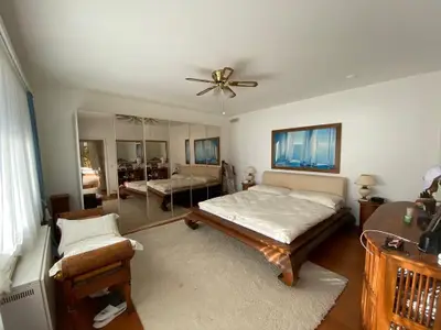 Master Bedroom mit Spiegelschrank und Sofa und Kommode und Deckenventilator
