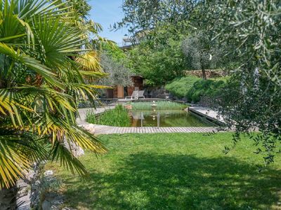 Der großzügige Garten mit Olivenbäumen, Palmen und Lavendel