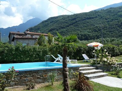 Blick von Haus u. Osterrasse auf Pool