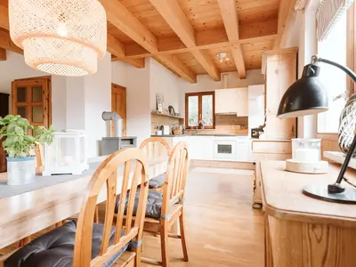 Gemütlicher Wohnraum mit 2 Couchen, Essplatz, offener Küche, Kamin