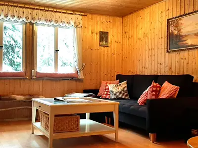 Großes Wohnzimmer mit Kamin und TV