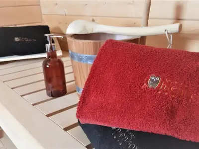 Im Wellness-Badezimmer gibt es eine große Sauna für vier bis fünf Personen. Saunatücher und Aufgussflüssigkeit gratis.