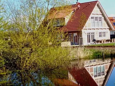 Direkte Umgebung des Objekts. Blick zum Landhaus vom Teich