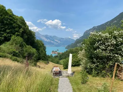 Sitzplatz mit Cheminee, Sonnenschirm und einmaliger Aussicht auf den Brienzersee und Iseltwald