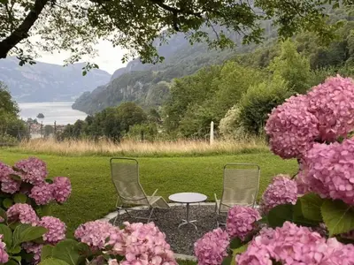 Sitzplatz unter Nussbaum mit 2 Liegestühlen