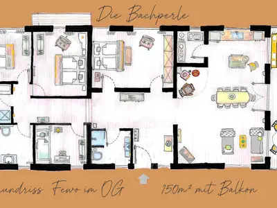 Grundriss Fewo Bachperle mit Balkon im OG im Dorf Kiefersfelden in den bayrischen Alpen