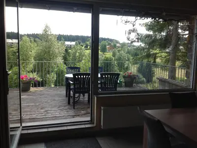 Wohnzimmer mit Blick auf die Balkonterrasse