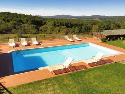 Der ausgestattete Pool und die weite Aussicht auf die Landschaft