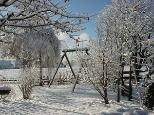 Blick über den Garten auf das Feld im Winter