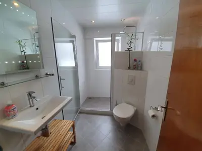 EG: Badezimmer mit Dusche und Fenster