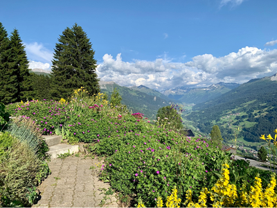 Chalet Raggälia, Blick Garten Richtung Klosters im Sommer