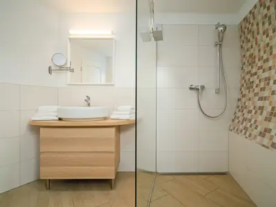 Ferienhaus Nordlichter - Kugelhaus am Tollensesee - Badezimmer mit offener Dusche