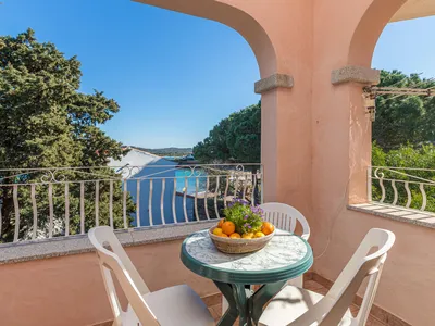 Blick von der überdachten Terrasse der Wohnung