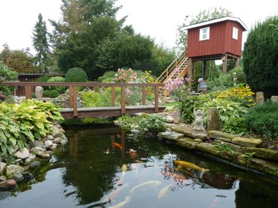 FH Holz Blick auf Teich und Sauna