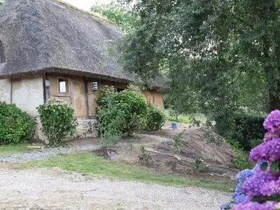 Renoviertes historisches Haus mit  Strohdach, Fachwerkbau, Lehm und Terra mit Terrasse