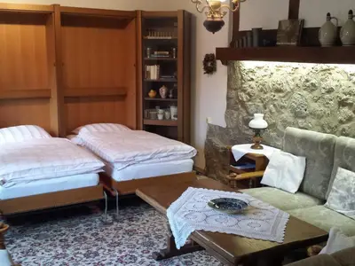 Bei Bedarf stehen 2 Schrankbetten im Wohnzimmer zur Verfügung.