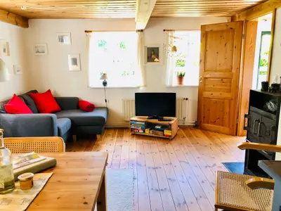 Ein kleines 2er Sofa im Wohnzimmer mit Kamin und TV
