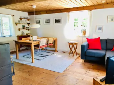 Wohnzimmer mit Essbereich, TV, Kamin und Sofa