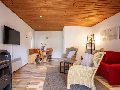 Ferienhaus MöwenKieker offener Wohnbereich mit Sitzecke und Kamin