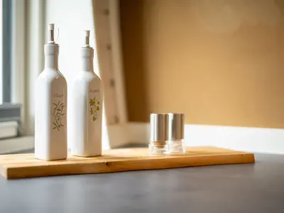 Ferienhaus Nordkugel – Kugelhaus am Tollensesee – liebevolle Küchen-Details mit Öl & Aceto auf Holztablett