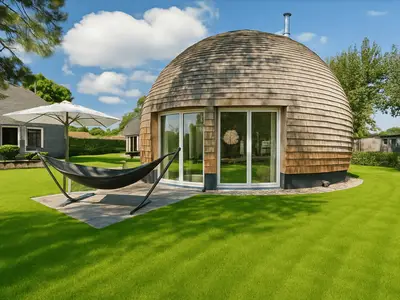 Ferienhaus Nordkugel - Kugelhaus am Tollensesee - großzügige Terrasse mit Gartenblick