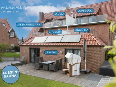 Außenansicht Winkelschiffchen II mit Außen-Sauna
