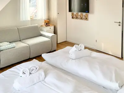 Schlafzimmer mit zwei Betten und einem Sofa.