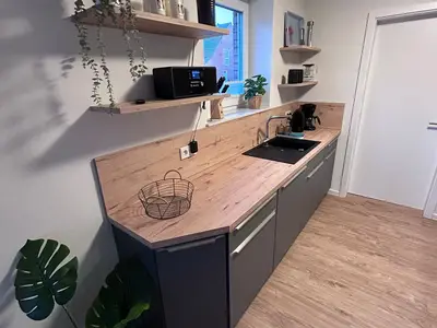 Moderne Küchenzeile mit Spüle und Regalen.