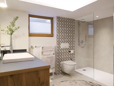 Badezimmer zu Schlafzimmer 4 mit Dusche