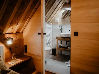 Badezimmer mit Dusche, Altholzwaschtisch mit Waschbecken und WC