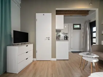Ferienhaus Kleine Sommerliebe Waren (Müritz) - Helles Wohnstudio mit TV, Sitzbereich und integrierter Küchenzeile