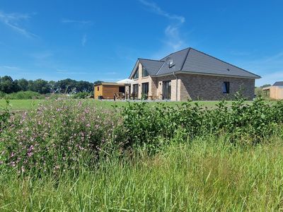 Das Ferienhaus mit Wiesen im Vordergrund