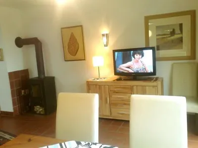 Wohnraum mit Sat-TV und Kaminofen