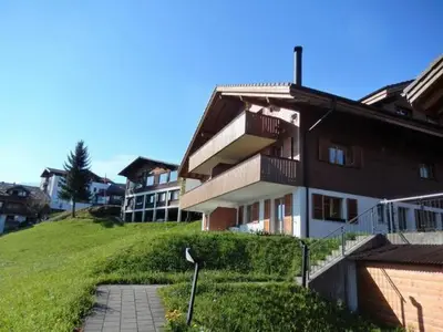 Aussenansicht vom Chalet. Die Wohnung befindet sich in der Mitte, vorne rechts