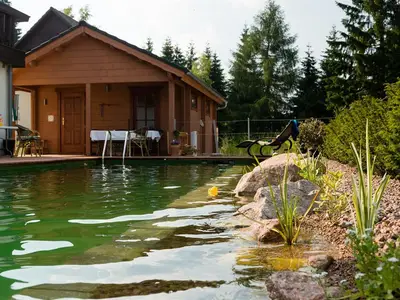Bio - Schwimmteich mit Saunahaus