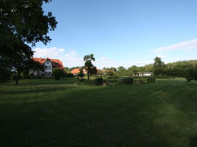 Garten. Blick vom hinteren Gartenbereich über den Schwimmteich zum Jugendstilhaus