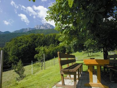 Sitzgruppe im Garten mit Berg- und Talblick