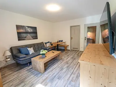 Wohnraum mit Schlafcouch und Flat-TV