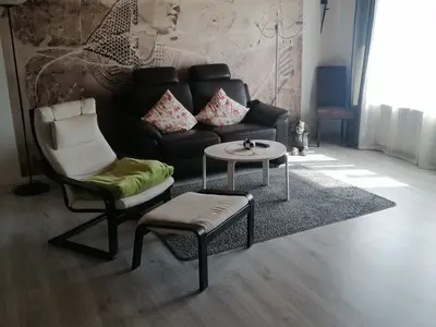 Kuscheliges Wohnzimmer mit Schlafsofa und Sessel