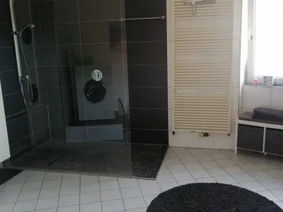 Moderne, große und begehbare Dusche mit Glaswand