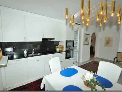Wohnzimmer, Küche mit Backofen, Mikrowellenherd, Geschirrspüler, grosser Frigo und sep. Tiefkühler